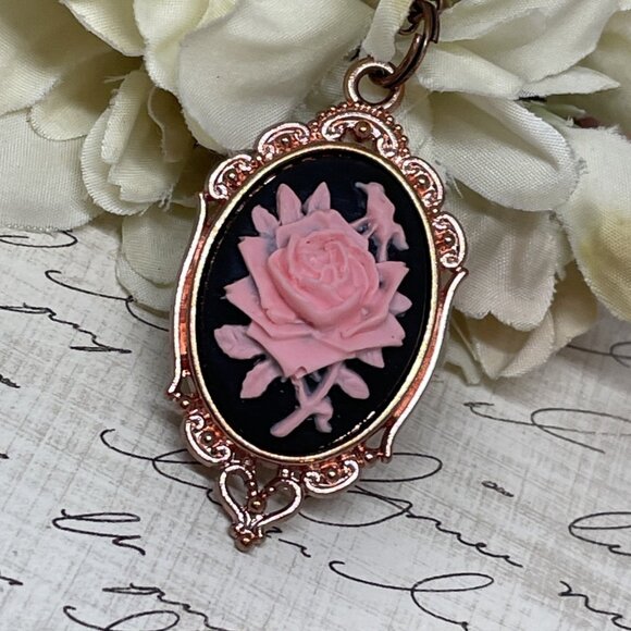 Gothic Steampunk Halloween Rose Gold Necklace Black Pink Rose Cameo Jewelry - Picture 1 of 11